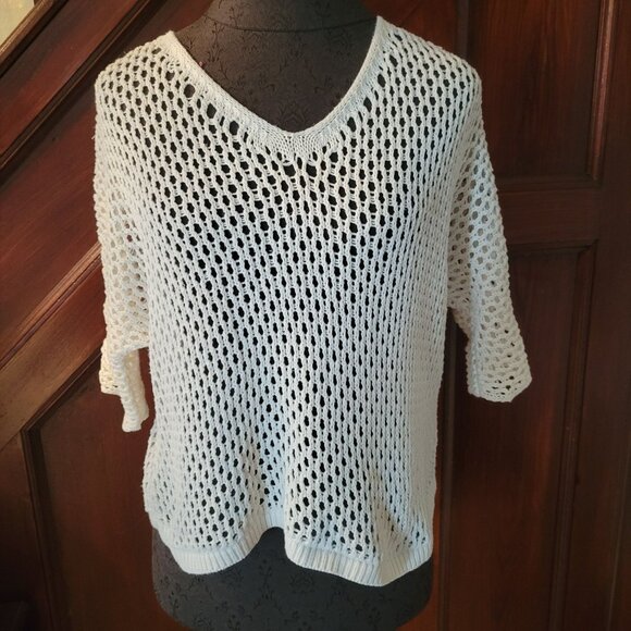 Crochet Knit Open Weave Sweater By Mossimo Supply Co S/P - White Short Sleeve V- - Picture 1 of 7